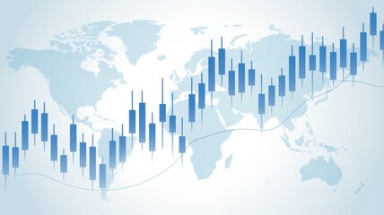 A conceptual image depicting a financial graph charting on a world map, representing market performance and global economic trends. The blue candlestick patterns overlay the map.