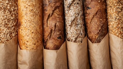 Freshly baked assorted loaves of bread, nutritious grain-rich options