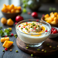 A vibrant, realistic image of Shrikhand (sweet yogurt dish) in a glass bowl, garnished with cardamom