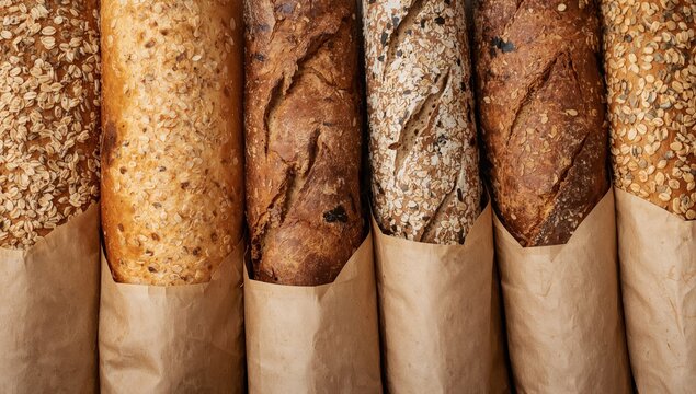 Freshly baked assorted loaves of bread, nutritious grain-rich options