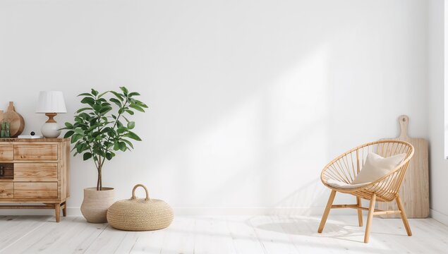 Minimalist white room featuring Boho style wall mockup with wooden furnishings - Powered by Adobe