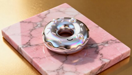 Playful 3D Render of a Shiny Silver Donut with Smiley Face on Elegant Rose Quartz Platform against a Gold Background.