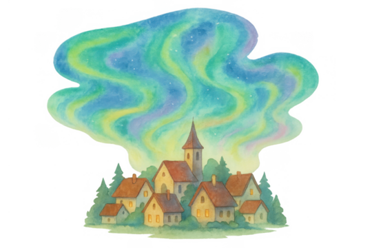 Watercolor art showing northern lights over a winter village with cozy houses and a church, transparent background - Powered by Adobe