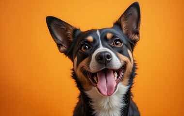 A happy dog with its tongue out and ears perked up, looking cheerful against a bright orange background that radiates warmth and energy.

