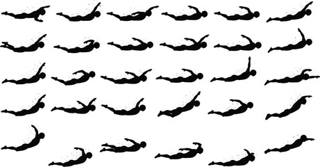 Silhouette of swimmer performing freestyle strokes underwater sequence, swimming motion illustration, athlete training concept for fitness, sports, and competition design