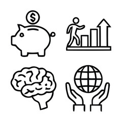 Set of four simple line art icons representing finance growth intellect and global care