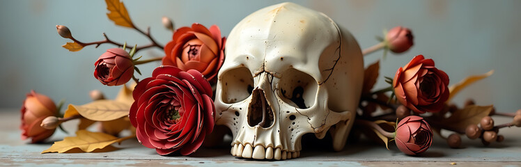 macabre arrangement dried fall flowers twisted foliage weathered skull muted autumnal hues set soft focus