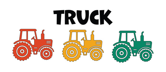 Three colorful tractors in red yellow and green with the word truck written in bold letters above them
