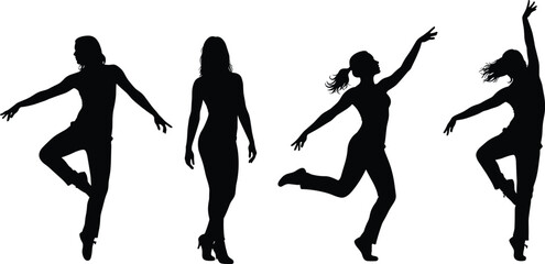 Silhouette of women dancing in elegant poses, modern dance movement illustration, fitness and performance concept on white background design