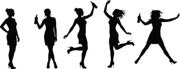 Silhouette of women drinking and dancing with bottles, female party celebration poses, stylish ladies having fun, nightlife illustration design