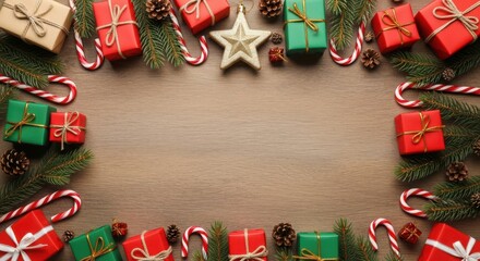 Cozy wooden background framed by traditional Christmas holiday decor