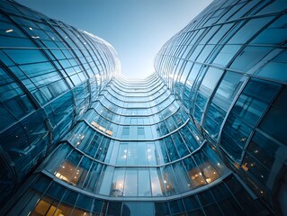 Naklejka premium Stunning, photorealistic low-angle shot looking up the glass and steel facade of a modern office building, reflecting the pale and clear blue sky.