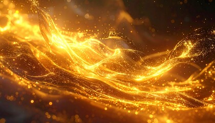 Glowing, ethereal, abstract illustration of golden light strands undulating against a dark backdrop, with sparkling particles throughout