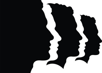 Silhouette profile of multiple human faces in different sizes side view, family generation concept, diversity, unity, people connection art