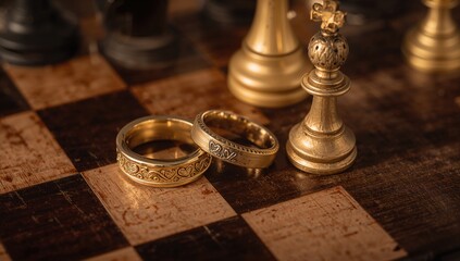 Two matrimonial bands placed on a chessboard featuring the king and queen pieces