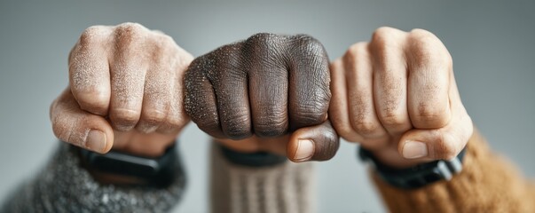 Diverse hands join in a firm team fist bump symbolizing unity, teamwork, and support