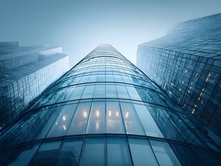Fototapeta premium Stunning, photorealistic low-angle shot looking up the glass and steel facade of a modern office building, reflecting the pale and clear blue sky.