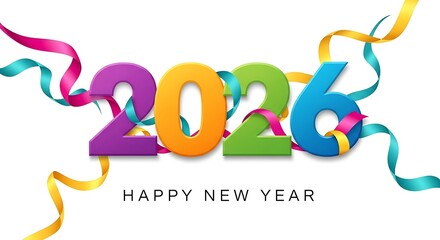 Fototapeta premium Happy new year 2026 celebration with colorful ribbons and festive confetti bright