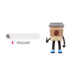 Fototapeta premium Coffee Cup Character Promoting Social Media Follow Button Perfect For Digital Campaigns And Branding.