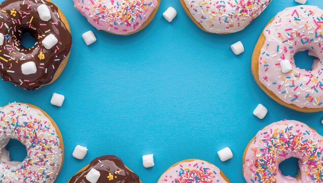 Honor Donut Day with a bright and cheerful card showcasing tasty donuts adorned with chocolate, marshmallows, and sugar sprinkles on a lively blue background.