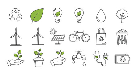 Eco Energy Icon Set – Green Ecology and Environmental Vector Design with Recycling, Water, and Earth Symbols