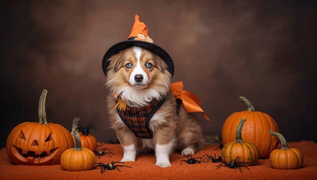 Adorable miniature Australian shepherd dressed in a witch hat on an orange blanket surrounded by pumpkins and spiders, playful Halloween theme