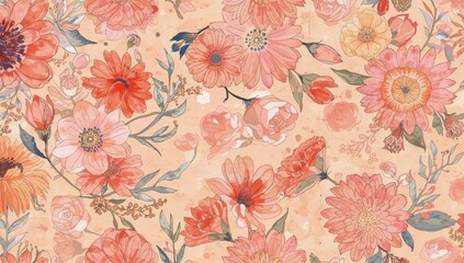 Continuous floral design with watercolor blossoms