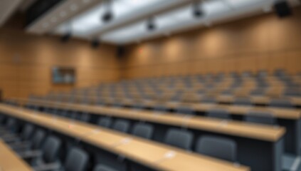 Obraz premium Blurred background of a contemporary classroom with ample seating and modern tech, designed for educational settings