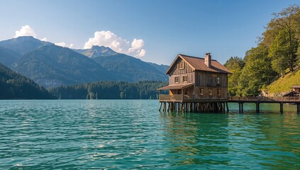Fototapeta premium Renowned stilt house by the alpine lake in the northern region