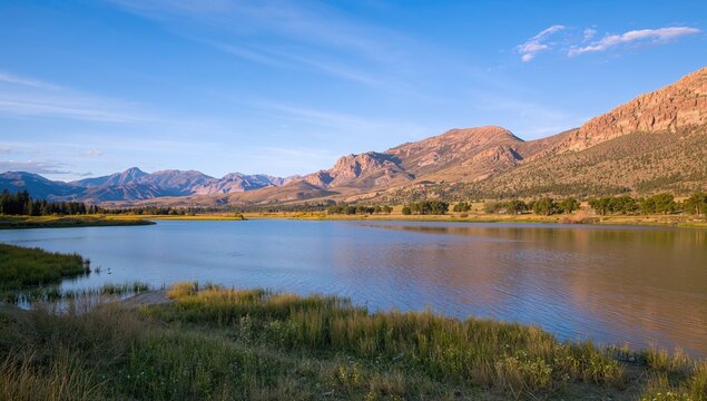A tranquil aquatic region located in a marshland surrounded by valley and mountain ranges.
