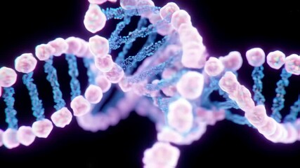 Rendered 3D illustration of a DNA double helix with floating cellular structures on black background - Powered by Adobe