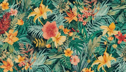 Fototapeta premium Tropical floral illustration in vibrant colors, ideal for fabric design