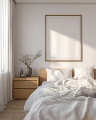 A white bed with a wooden headboard and a white comforter