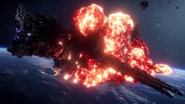 A colossal space vessel explodes in a fiery inferno above Earth, debris scattering