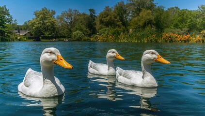 Three joyful ducks swimming in the water