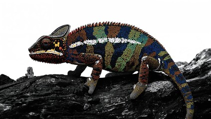 Chameleon panther blending into colored pencils, showcasing its camouflage ability