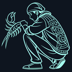 Stylized illustration of a person in modern clothing crouching and holding a scorpion with a dark background