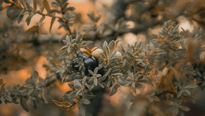Close-up of blackthorn branches with fruit, emphasizing seasonal change