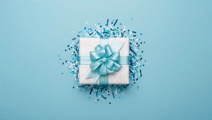 Fototapeta premium Beautiful gift box adorned with a bow and confetti on a blue surface, ideal for festive presentations