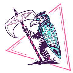 Stylized tribal bird warrior character holding a scythe weapon with geometric patterns and pink triangle frame on white background
