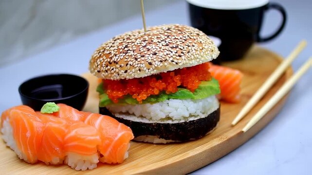 A creative presentation of sushi a deconstructed burger with salmon nigiri and sides