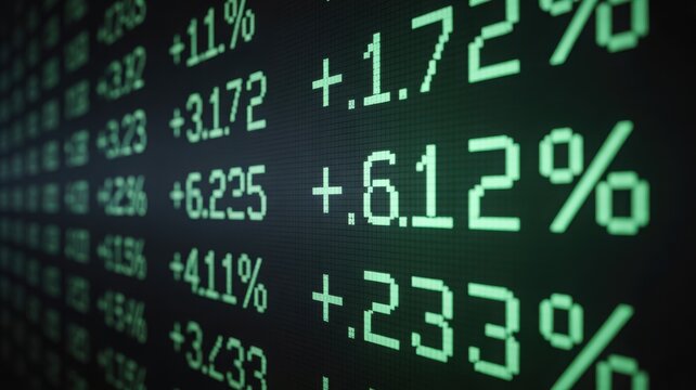 Stock market data displayed on a screen, with numbers representing financial trends and statistics