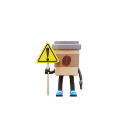 Coffee Cup Character Holding Danger Sign Suitable For Warning And Caution Content.