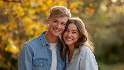 Fototapeta premium Sweet Embrace — young couple smiling in warm romance, natural autumn portrait style, expressing love, happiness, and genuine connection