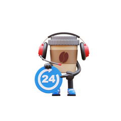Coffee Cup Character With Headset Holding 24 Hours Sign Suitable For Customer Support And Service Concepts.