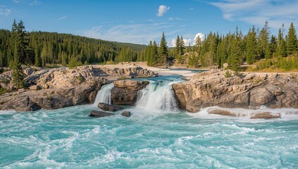 Majestic Waterfall along a Scenic Mountain Highway in Late Summer