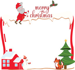 A fun, cartoony vector illustration featuring Santa Claus, a snowman, a little fox, and a decorated Christmas tree in a snowy setting. Perfect as a photo frame, border, or template for kids' holiday g