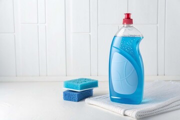 Bottle of blue cleaning detergent on white background