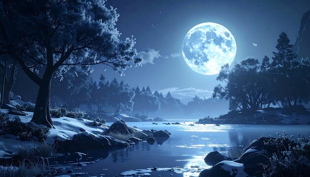 Full moon over a serene, silvery lake reflecting light onto snowy shores fringed with silhouetted trees