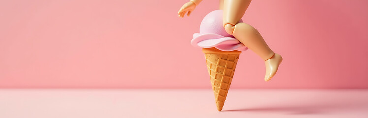 delicate doll leg wears oversized ice cream scoop soft dreamy pastel pink backdrop warm sunlight inviting carefree